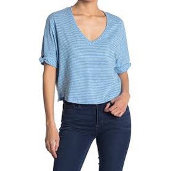 Melrose And Market Blue White Striped Knot Sleeve V-Neck T-Shirt Small‎ NEW - Picture 1 of 8